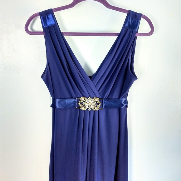 Scarlett Nite Dark Blue Fit-&-Flare Deep V-neck Dress w/ Embellished Ribbon Belt - Picture 2 of 8